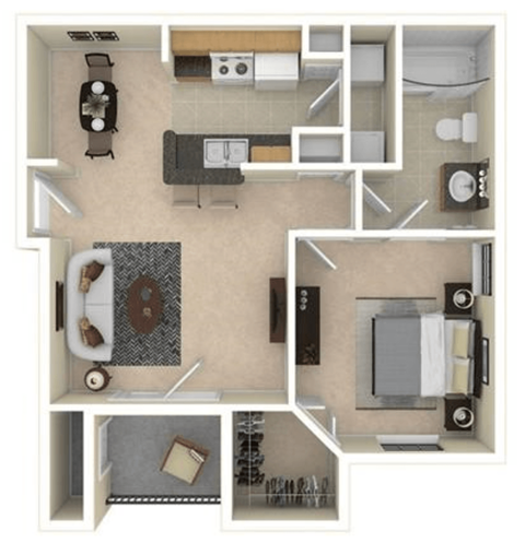Floor plan for 1 bed, 1 bath, 679 sqft